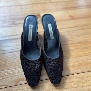 Y2K Ann Marino Brown Mesh Lace Pointed Toe Mule Heels Kitten Heel Slip On Sz 6